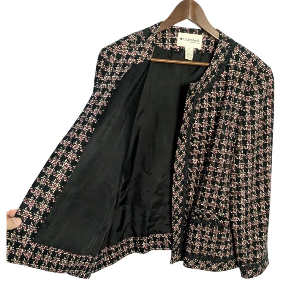 Appleseeds Womens Tweed Jacket Sz 20 Black & Pink Plaid Long Sleeve Lined - Picture 4 of 12